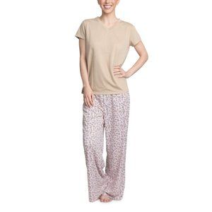 MUK LUKS Knit Short-Sleeve Top & Printed Pants PJ Set  Beige / Pink Leopard L